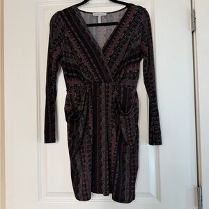 BCBG Women’s Black and Burgundy Patterned Wrap Dress